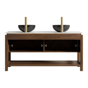 English Elm Dina 60 Inch Floating Bathroom Vanity Sintered Stone Top Dual Glass Basins Wood Grain W2615S00728