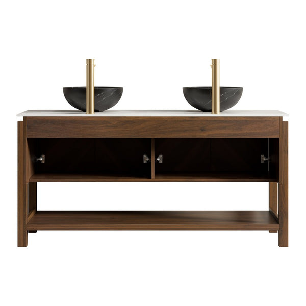 English Elm Dina 60 Inch Floating Bathroom Vanity Sintered Stone Top Dual Glass Basins Wood Grain W2615S00728