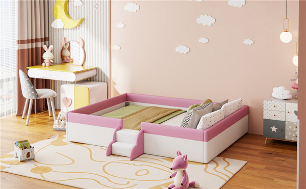 English Elm King Upholstered Daybed Frame with Fence & Stairs, Brown+White PU, 10 Slats, 750lb Capacity, Luxe Comfort SF000156AAH