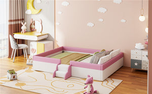 English Elm King Platform Daybed with Fence Rail and Stairs Pu Upholstered Kids Bedroom Frame SF000156AAH-1