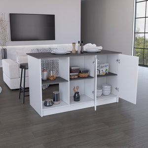 English Elm Kitchen Island With Ample Counter Space, Open Shelves & Double-Door Storage, Stylish White/Onyx B097S00157