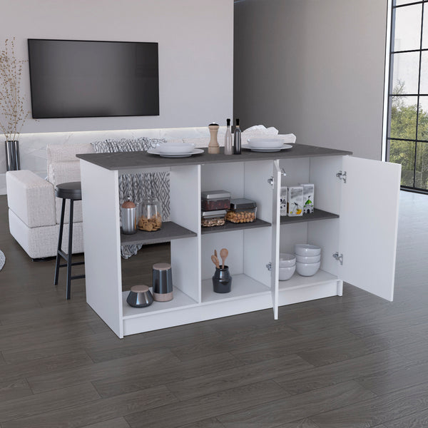 English Elm Kitchen Island With Ample Counter Space, Open Shelves & Double-Door Storage, Stylish White/Onyx B097S00157