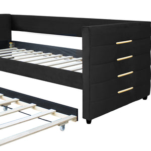 English Elm MODERN Twin Daybed with Trundle in Black Velvet Upholstery, Gold Accents, Space-Saving Guest Bed W1867S00012
