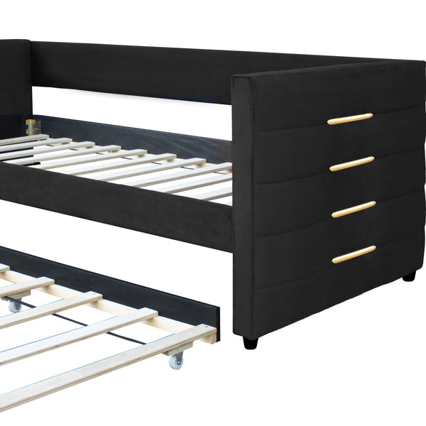 English Elm MODERN Twin Daybed with Trundle in Black Velvet Upholstery, Gold Accents, Space-Saving Guest Bed W1867S00012