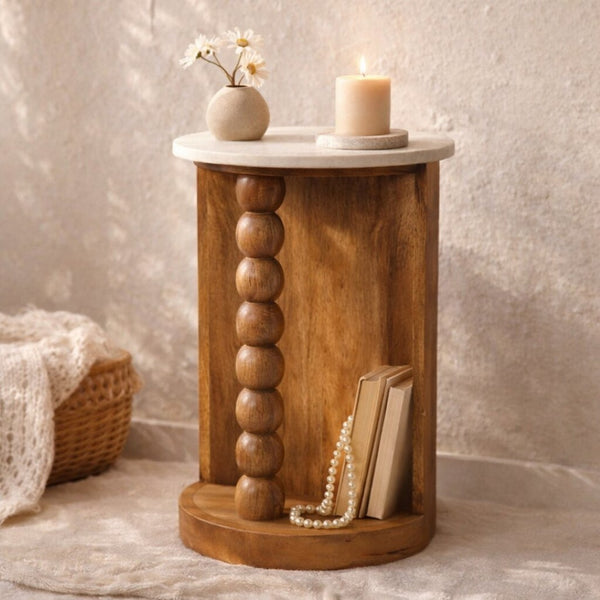 English Elm Solid Wood and Genuine Marble Side Table with Turned Spindle Legs for Modern Interiors B182P490935