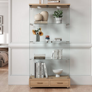 English Elm Modern Glass Display Cabinet With Led Lighting, 2 Drawers & 4 Shelves For Stylish Storage Solutions W241S00060