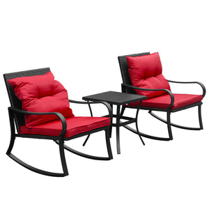 English Elm Metal Outdoor 2-Person Rocking Patio Set with Handwoven Wicker, Plush Cushions & Sturdy Table Red W1859P399566