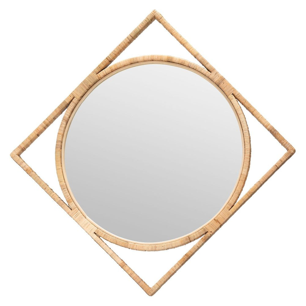 English Elm Japandi Round Rattan Wall Mirror Openwork Square Frame Organic Handcrafted Accent B2750P420418