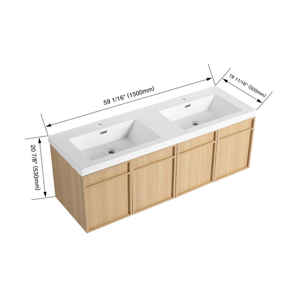 English Elm 60" 60" Wall-Mounted Bathroom Vanity with Double Resin Sink, 4 Soft-Closing Doors, Oak Finish W1972P315223