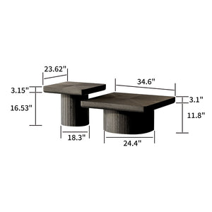 English Elm Modern Parquet Wood Nesting Coffee Tables Sculptural Fluted Pedestal Living Room Set Black W1435S00031