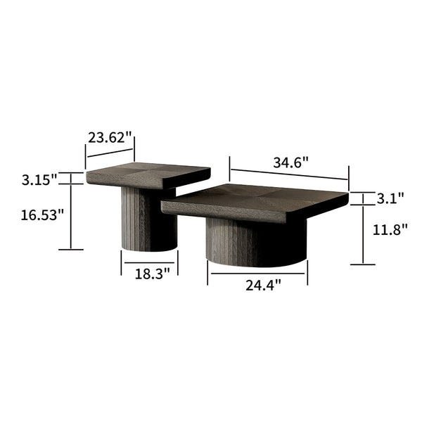 English Elm Modern Parquet Wood Nesting Coffee Tables Sculptural Fluted Pedestal Living Room Set Black W1435S00031