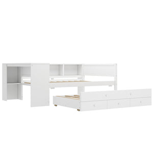 English Elm Full Size Daybed With Trundle & Desk, Solid Pine Frame, Storage Drawers, Modern White Design W1580S00205