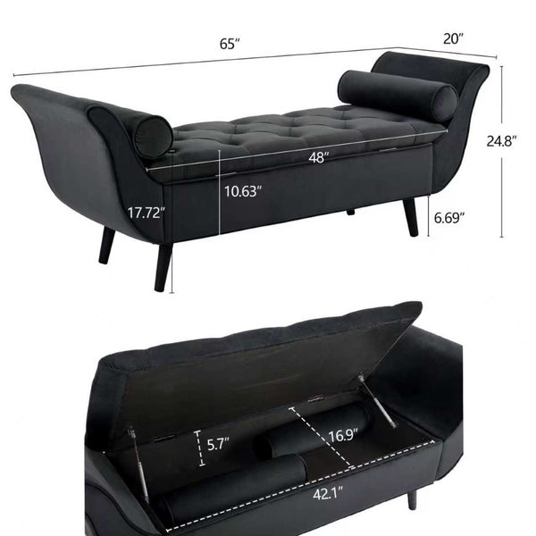 English Elm Vintage Velvet Tufted Storage Bench Mid Century Button Seat Entryway Bedroom Footstool Black+ Gray W2795P428652