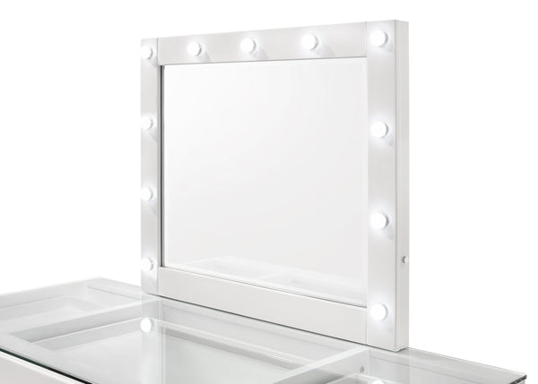 English Elm 3pc Vanity Set LED Lighted Mirror Glass Top with 9-Drawer Storage, Crystal Knobs & Swivel Stool White 59.96 L x 25.87 W x 2 H B2741S00142
