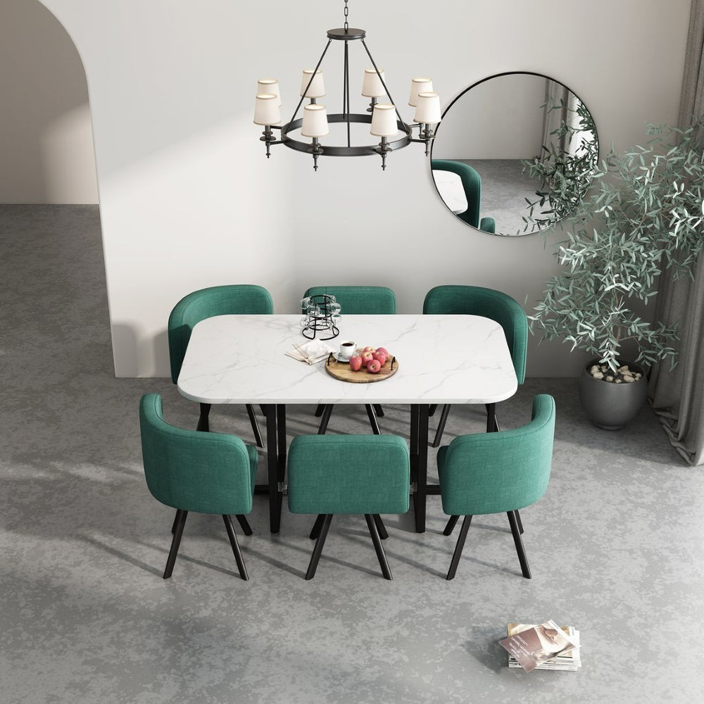 English Elm Modern Marble Look Rectangle Dining Table with Six Fabric Chairs for Compact Spaces W1311S00249