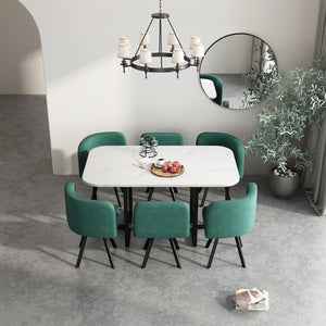English Elm Modern Marble Look Rectangle Dining Table with Six Fabric Chairs for Compact Spaces W1311S00249