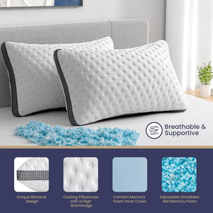 English Elm Cooling Queen Pillow Set with Gel Memory Foam Ice Silk Cover Medium Firm Support B2716P366611