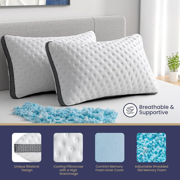 English Elm Cooling Queen Pillow Set with Gel Memory Foam Ice Silk Cover Medium Firm Support B2716P366611