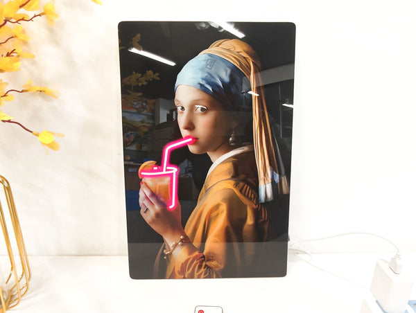 English Elm 24X16 Neon Style Led Wall Art – Illuminated Girl With Pearl Earring Acrylic Print For Modern Spaces T3976P383261