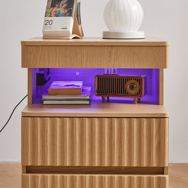 English Elm Modern Oak Nightstand with Charging Station Hidden Compartment and Open Storage Shelf W5368P460458