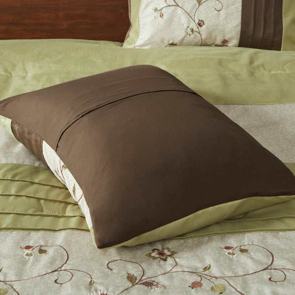 English Elm Embroidered 7-Piece King Comforter Set In Green, Chocolate & Taupe - Luxurious Floral Design & Pillows B03597124
