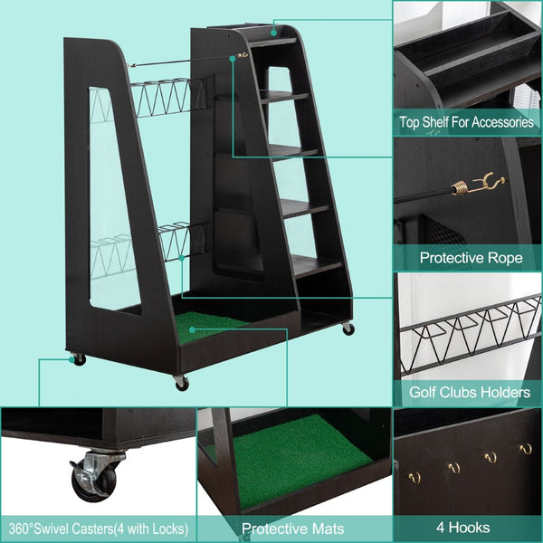 English Elm Golf Bag Storage Rack Wooden 2 Bag Organizer with Shoe Shelf for Garage Basement Black W1422P296350