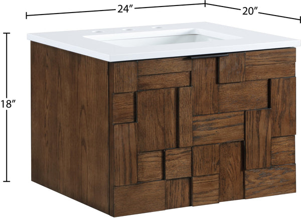 Meridian Furniture Leonardo Wall Mounted Solid Wood Bathroom Vanity with Geometric Doors and Engineered Stone Top Brown 24 inches 435Brown-24