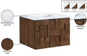 Meridian Furniture Leonardo Wall Mounted Solid Wood Bathroom Vanity with Geometric Doors and Engineered Stone Top Brown 24 inches 435Brown-24