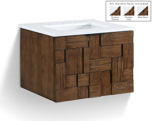 Meridian Furniture Leonardo Wall Mounted Solid Wood Bathroom Vanity with Geometric Doors and Engineered Stone Top Brown 24 inches 435Brown-24