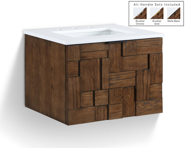 Meridian Furniture Leonardo Wall Mounted Solid Wood Bathroom Vanity with Geometric Doors and Engineered Stone Top Brown 24 inches 435Brown-24