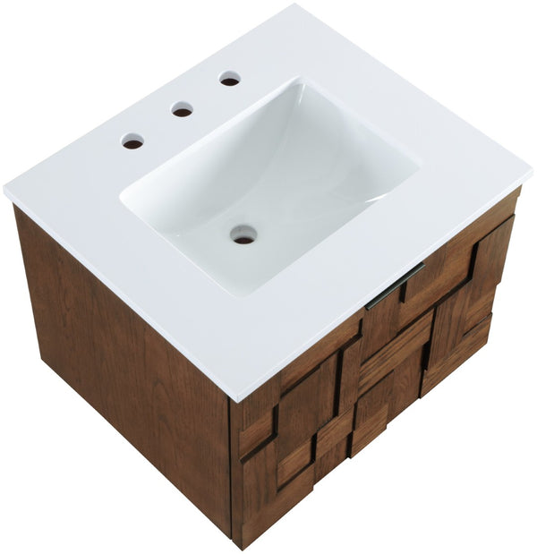 Meridian Furniture Leonardo Wall Mounted Solid Wood Bathroom Vanity with Geometric Doors and Engineered Stone Top Brown 24 inches 435Brown-24