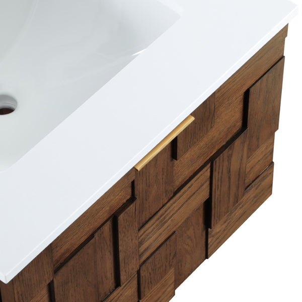 Meridian Furniture Leonardo Wall Mounted Solid Wood Bathroom Vanity with Geometric Doors and Engineered Stone Top Brown 24 inches 435Brown-24