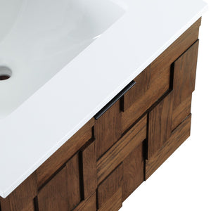 Meridian Furniture Leonardo Wall Mounted Solid Wood Bathroom Vanity with Geometric Doors and Engineered Stone Top Brown 24 inches 435Brown-24