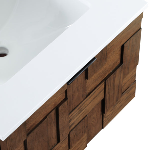Meridian Furniture Leonardo Wall Mounted Solid Wood Bathroom Vanity with Geometric Doors and Engineered Stone Top Brown 24 inches 435Brown-24