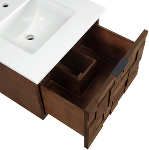 Meridian Furniture Leonardo Wall Mounted Solid Wood Bathroom Vanity with Geometric Doors and Engineered Stone Top Brown 24 inches 435Brown-24