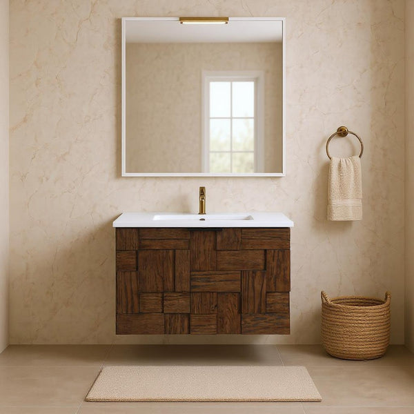 Meridian Furniture Leonardo Wall Mounted Solid Wood Bathroom Vanity with Geometric Doors and Engineered Stone Top Brown 24 inches 435Brown-24