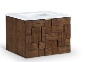 Meridian Furniture Leonardo Wall Mounted Solid Wood Bathroom Vanity with Geometric Doors and Engineered Stone Top Brown 24 inches 435Brown-24