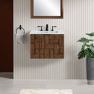 Meridian Furniture Leonardo Wall Mounted Solid Wood Bathroom Vanity with Geometric Doors and Engineered Stone Top Brown 24 inches 435Brown-24
