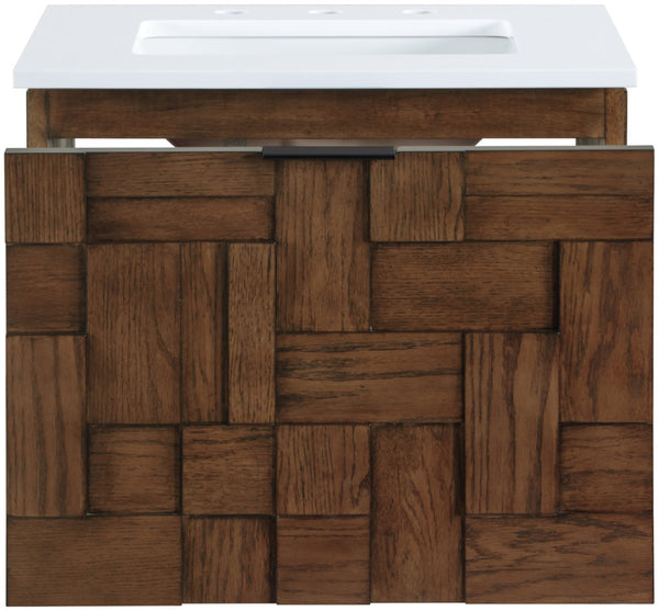Meridian Furniture Leonardo Wall Mounted Solid Wood Bathroom Vanity with Geometric Doors and Engineered Stone Top Brown 24 inches 435Brown-24