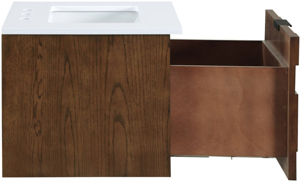 Meridian Furniture Leonardo Wall Mounted Solid Wood Bathroom Vanity with Geometric Doors and Engineered Stone Top Brown 24 inches 435Brown-24