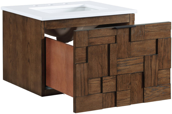 Meridian Furniture Leonardo Wall Mounted Solid Wood Bathroom Vanity with Geometric Doors and Engineered Stone Top Brown 24 inches 435Brown-24