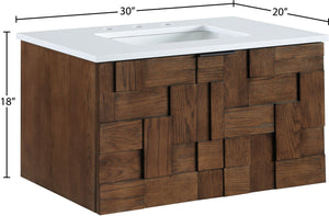 Meridian Furniture Leonardo Wall Mounted Solid Wood Bathroom Vanity with Geometric Doors and Engineered Stone Top Brown 30 inches 435Brown-30
