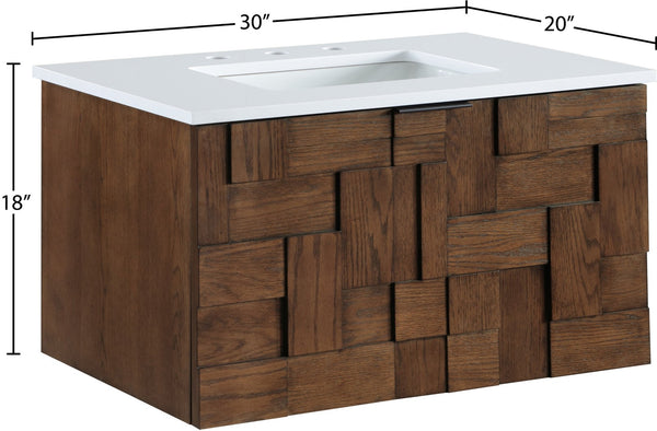Meridian Furniture Leonardo Wall Mounted Solid Wood Bathroom Vanity with Geometric Doors and Engineered Stone Top Brown 30 inches 435Brown-30
