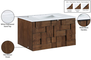 Meridian Furniture Leonardo Wall Mounted Solid Wood Bathroom Vanity with Geometric Doors and Engineered Stone Top Brown 30 inches 435Brown-30