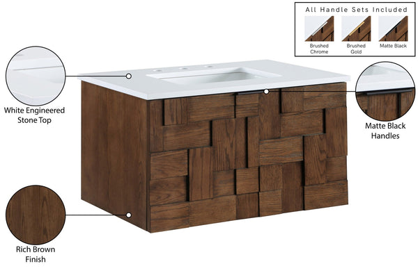 Meridian Furniture Leonardo Wall Mounted Solid Wood Bathroom Vanity with Geometric Doors and Engineered Stone Top Brown 30 inches 435Brown-30