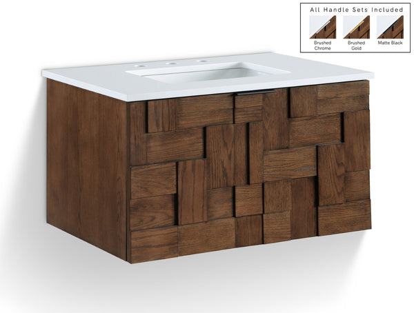Meridian Furniture Leonardo Wall Mounted Solid Wood Bathroom Vanity with Geometric Doors and Engineered Stone Top Brown 30 inches 435Brown-30