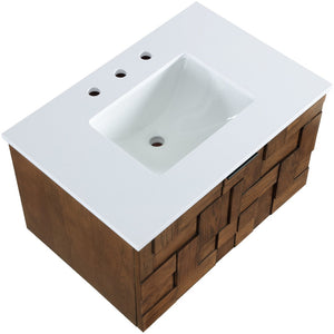 Meridian Furniture Leonardo Wall Mounted Solid Wood Bathroom Vanity with Geometric Doors and Engineered Stone Top Brown 30 inches 435Brown-30