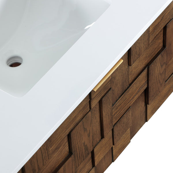 Meridian Furniture Leonardo Wall Mounted Solid Wood Bathroom Vanity with Geometric Doors and Engineered Stone Top Brown 30 inches 435Brown-30