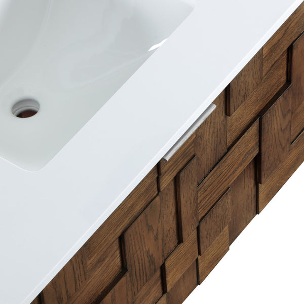Meridian Furniture Leonardo Wall Mounted Solid Wood Bathroom Vanity with Geometric Doors and Engineered Stone Top Brown 30 inches 435Brown-30