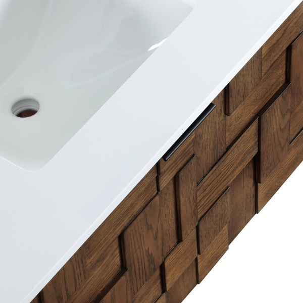 Meridian Furniture Leonardo Wall Mounted Solid Wood Bathroom Vanity with Geometric Doors and Engineered Stone Top Brown 30 inches 435Brown-30